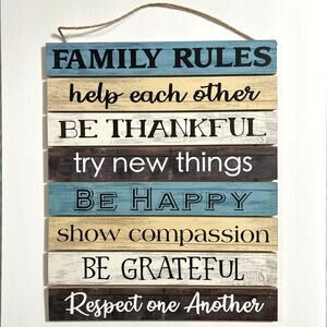 Family Rules Wooden Decorative Wall Hanging Sign Rustic Blue Beige Black White